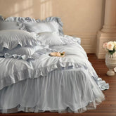 Lacey Lace Ruffle Washed Cotton Bedding Set - Blue